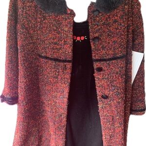 Chic Red Tweed Coat with Black Accents